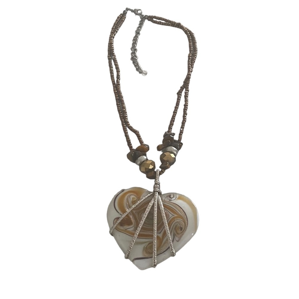 Art glass large pendant heart bronze seed beads statement